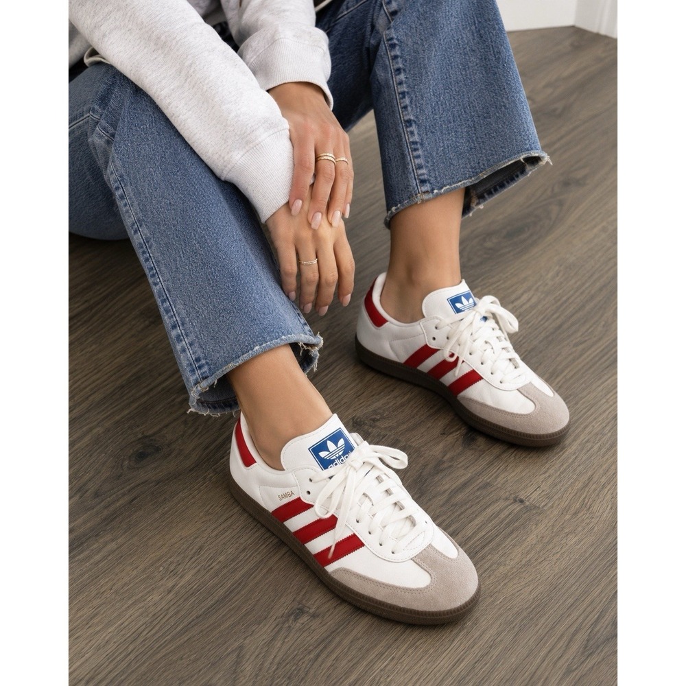 Adidas Sneakers 7.5 White Red Stripe Samba Retro OG Casual Leather Suede Gum - Picture 2 of 10